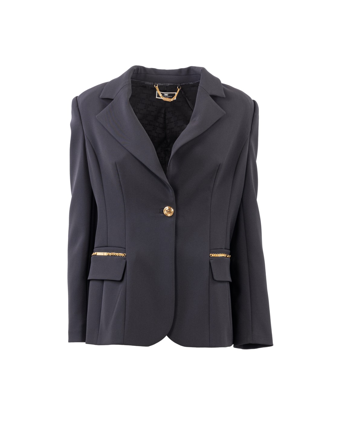 shop ELISABETTA FRANCHI Saldi Giacca: Elisabetta Franchi giacca in crêpe.
Giacca in doppio crêpe stretch con chiusura monopetto. 
Doppie tasche con patta e filetto con accessorio logato in metallo dorato.
Fodera in raso stampa monogram.
Accessorio e bottoni in metallo dorato.
Composizione: 96% Poliestere 04% Elastane.
Fabbricato in Italia.. GI06536E2-110 number 7986851